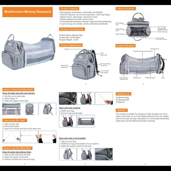 Diaper Bag Black Diaper bag Backpack with Changing Station/ built-in bassinet - Picture 13 of 16